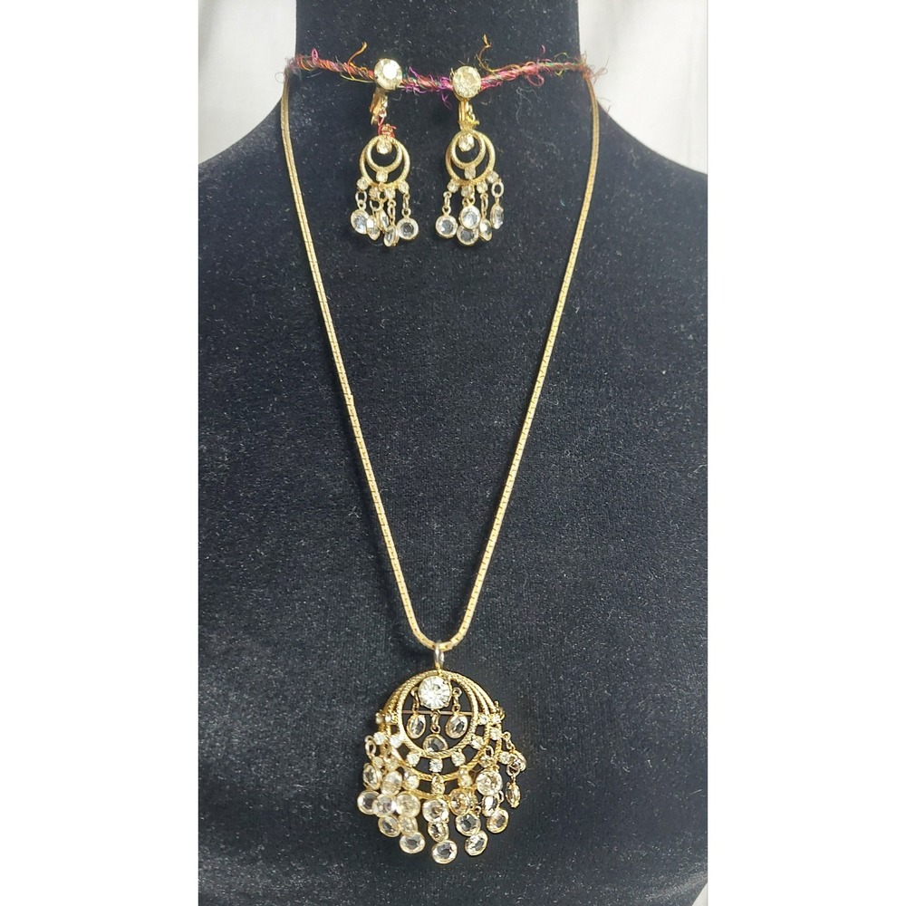 Vintage Retro 1950s Gold Tone Crystal Costume Jewelry Necklace Brooch Clip Ons